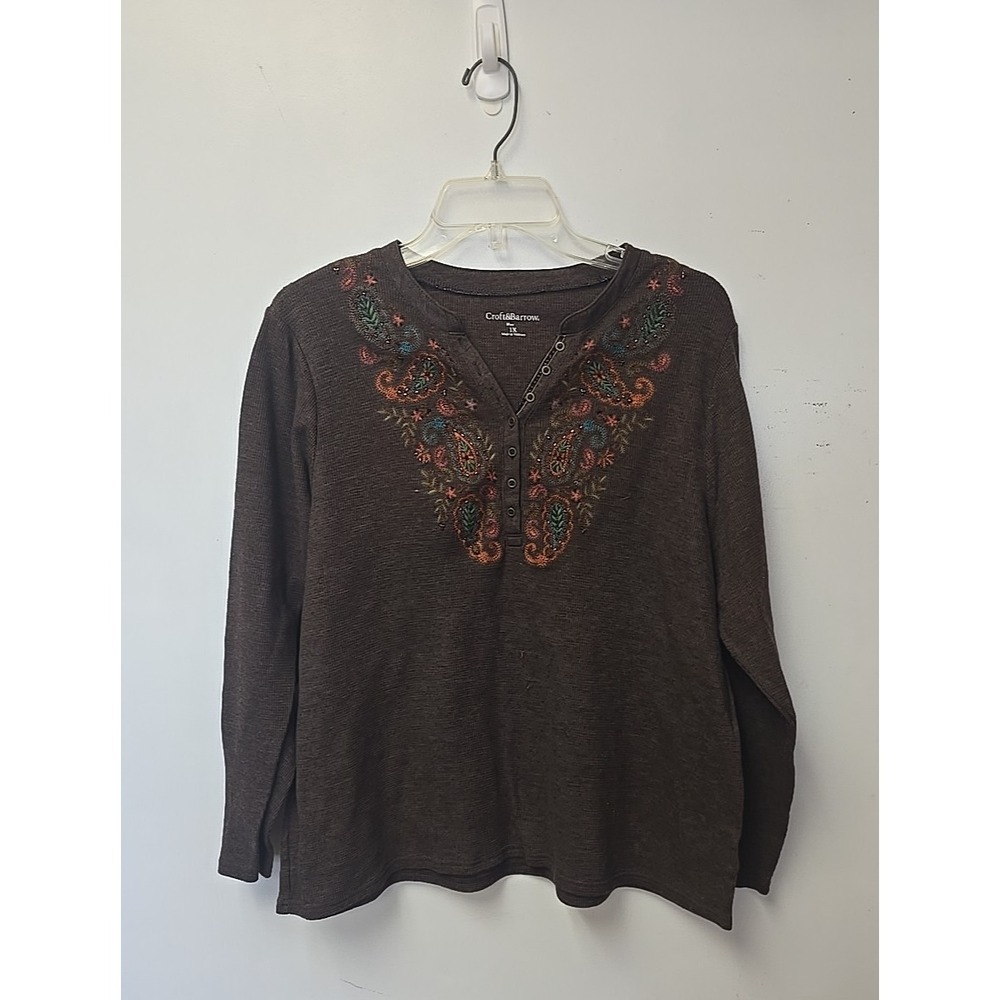 Croft‎ & Barrow Y2K Brown Embroidered Beaded Preppy Thermal Top Womans Size 1X